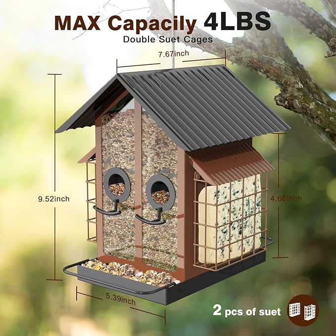 Bird Feeders for Outdoors, Metal Bird Feeder with Double Suet Cage Weatherproof Metal Roof, 2 in 1 Mixed Seeds Suet Feeder, 4Lbs Large Capacity, Great for FinchăCardinalăChickadeeďźBrownďź