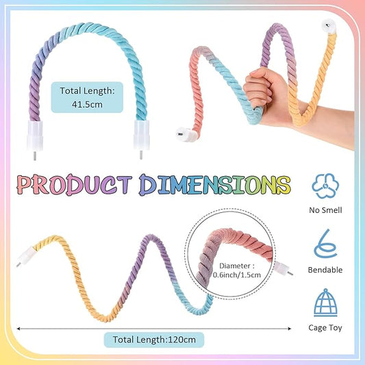 2pcs Gradient Colorful Bird Rope Perches Stand Pole Bird Cage Bendable Swing Climbing Rope Toys Accessories Cotton Climbing for Parrot Cockatiels Parakeet Budgies Lovebirds(16.3‘'& 47.2‘')