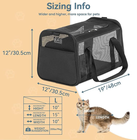 Petsfit Cat Carrier Dog Carrier, Large Capacity Lightweight Soft-Sided Pet Carrier for Travel, with Adjustable Shoulder Strap, Auto Locking Zipper Head and Washable Fleece Pad