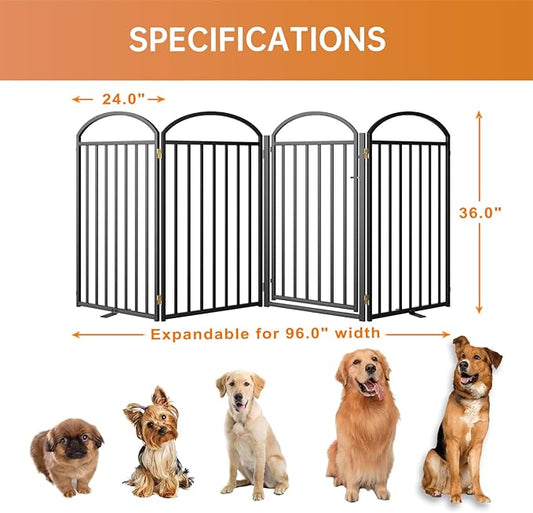 4 Panles Full Matel Freestanding Dog Gates with Door, 96"Extra Wide 36"Tall Free Standing Dog Pet Gate for Indoor & Outdoor. Foldable Pet Fences for Doorways, House, Stairs, Porch, Deck, Yard