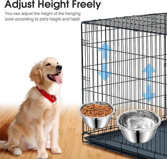 Dog Crate Bowls Hanging No Spill, 2 Pack 47oz & 56oz Crate Water Bowl Stainless Steel Kennel Food Bowl Water Dispenser Set Mountable Cage Accessories Metal Feeder Dish Coop Cup for Large & Medium Pet
