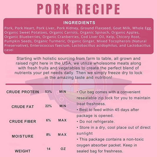 Freeze Dried Raw Dog Food, Pork Recipe, All Natural, No Synthetics, Made in USA with Goat's Milk & Organic Produce, High Protein, Complete Meal (48oz)