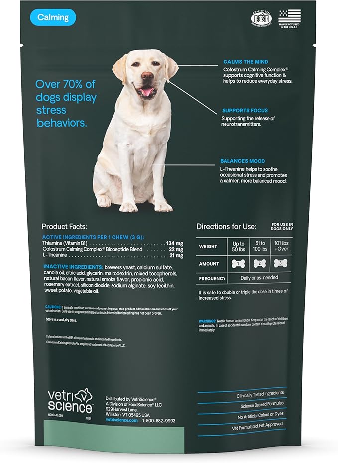 VetriScience Calm & Confident Chews, Composure Clinically Tested Calming and Anxiety Supplement for Dogs, Reduce Stress and Fear, Ideal for Thunderstorms, Fireworks and Travel, Bacon, 60 Count