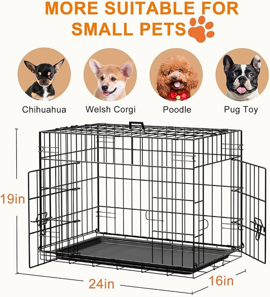 FDW 24inch Dog Crate Pet Cage with Metal Folding Design Plastic Tray Indoor Outdoor Dog Kennel Cage for Small Dogs,Black