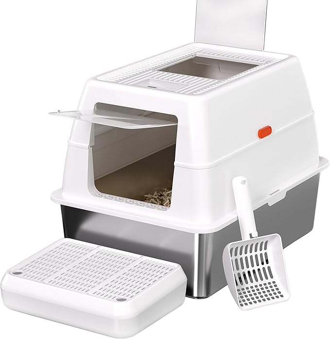 XXXL Stainless Steel Cat Litter Box with Lid,Extra Large Litter Box for Big Cats,Enclosed Metal Litter Boxes with Removable Cover, Anti-Leakage Enclosure,Odorless,Footboard & Scoop Included(White)