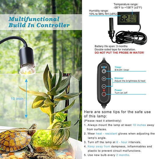 DOMICA Dimmable Reptile Heat Lamp with Timer + 75W UVA UVB Light Bulb, Basking Spot Light Simulated Sunlight, Heating Lamp for Turtle, Lizard, Snake, Beared Dragon, Amphibians