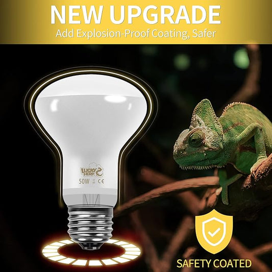 LUCKY HERP New Upgrade 50W Reptile Heat Lamp Bulb (3rd Gen, Safer), Amphibian Basking Spot Light Bulb, UVA Reptile Daylight Bulb for Turtle, Bearded Dragon, Lizard Heating Use (2 Pack)