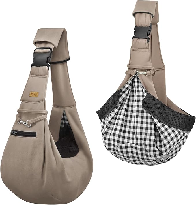 CUBY Dog and Cat Sling Carrier - Hands Free Reversible Pet Papoose Bag - Soft Pouch and Tote Design - Suitable for Puppy, Small Dogs Cats Outdoor (Khaki Senior, Adjust Strap 2.0)โฆ