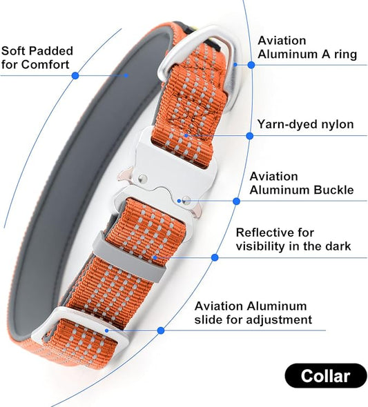 Plutus Pet Reflective Dog Collar with Aviation Aluminum Buckle, Neoprene Padded for Comfort, Lightweight, Heavy Duty Nylon Collar for Puppy Small Medium Large Dogs (Orange, XL)