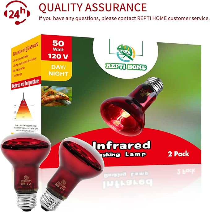 Infrared Reptile Heat Lamp Bulbs,2 PCS 50W Reptiles & Amphibians Infrared Basking Spot Lamp Bulb, Red Heat Emitter Light for Chickens Coop