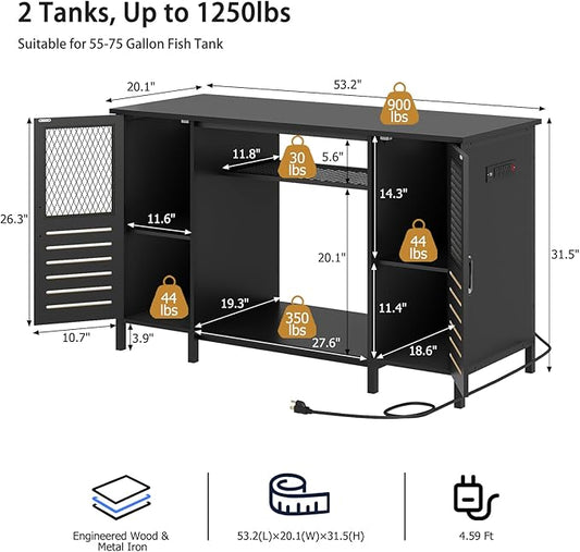 BREEZEHEAT 55-75 Gallon Fish Tank Stand with Power Outlets, LED Light, Heavy Duty Aquarium Stand with Cabinet, Terrarium stand Suitable for Turtle/Reptile Tank-Black 53.2" Lx 20.1" W x 31.5" H