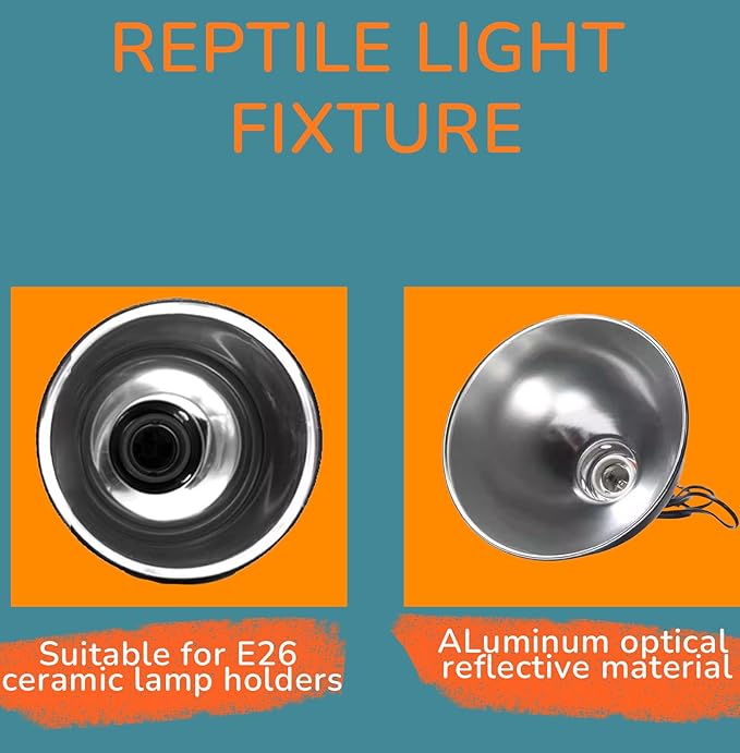 8.5 Inch Reptile Light Fixture, Dome Heat Lamp with UVB Basking, E26 Base for Amphibian & Reptile Terrariums