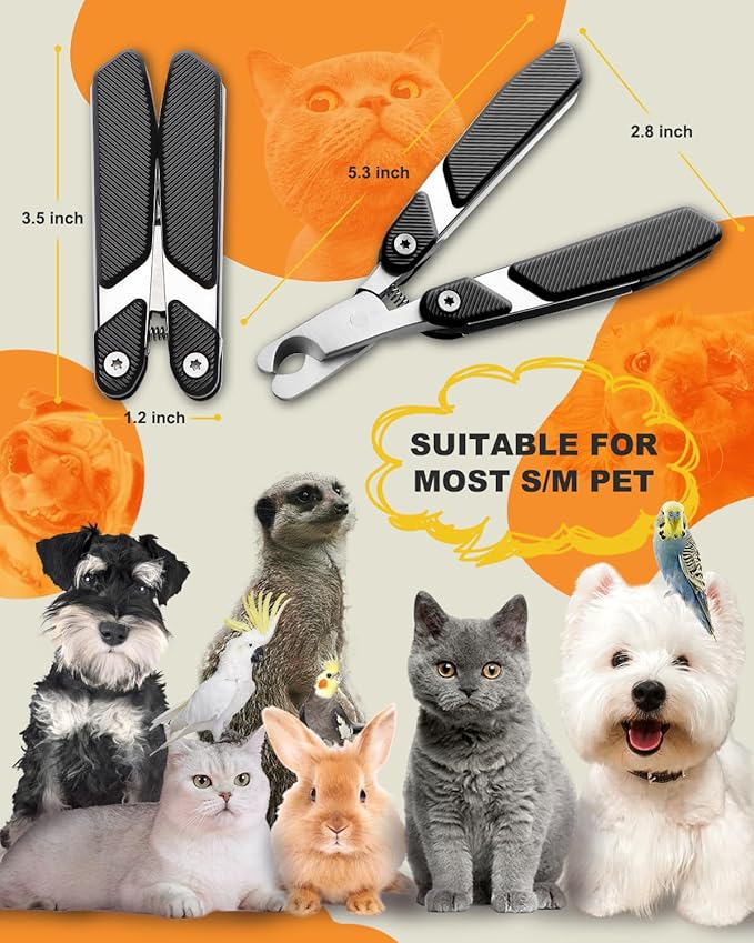Foldable Cat Nail Clipper, Stainless Steel Dog Nail Trimmers Toenail Clippers, Professional Pet Nail Cutter for Cats Rabbits Hamsters Birds Medium Small Dog, Portable Cortauñas para Perros (Black)