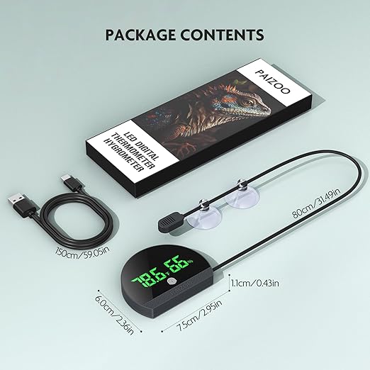 PAIZOO Reptile Thermometer Hygrometer, LED Reptile Tank Thermometer and Humidity Gauge, Rechargeable Digital Hygrometer for Reptile Tank Accessories, Switch Between ℉/℃, Always-on Display Mode