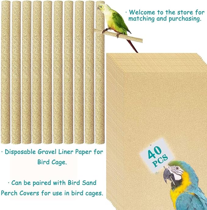 40PCS Gravel Liner Paper for Bird Cage,11x17 in Bird cage Liner Paper-Gravel Paper Special for Bird Cage in Sea Sand,Parrot Cage Sandpapers Cushion Pad Pet Bedding Accessories (40PCS 11 x 17 Inch)