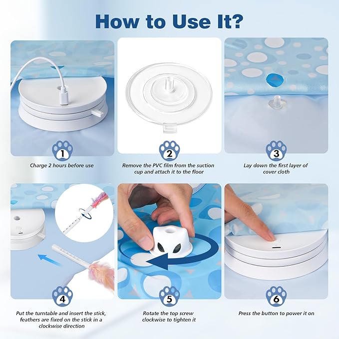 Rechargeable Interactive Cat Toys, Automatic Cat Toy for Indoor Cats, Durable Hide and Seek Cat Toy with Moving Concealed Feathers, Touch Activated Kitten Toys Cat Exercise Toys, Blue White Cover