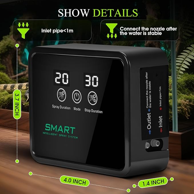 Reptile Humidifiers Smart Misting System for Herps Terrariums, Reptile Mister Automatic with Timer, 360° Adjustable Misting Nozzles for Chameleons, Snake, Frog, Turtle, Lizard