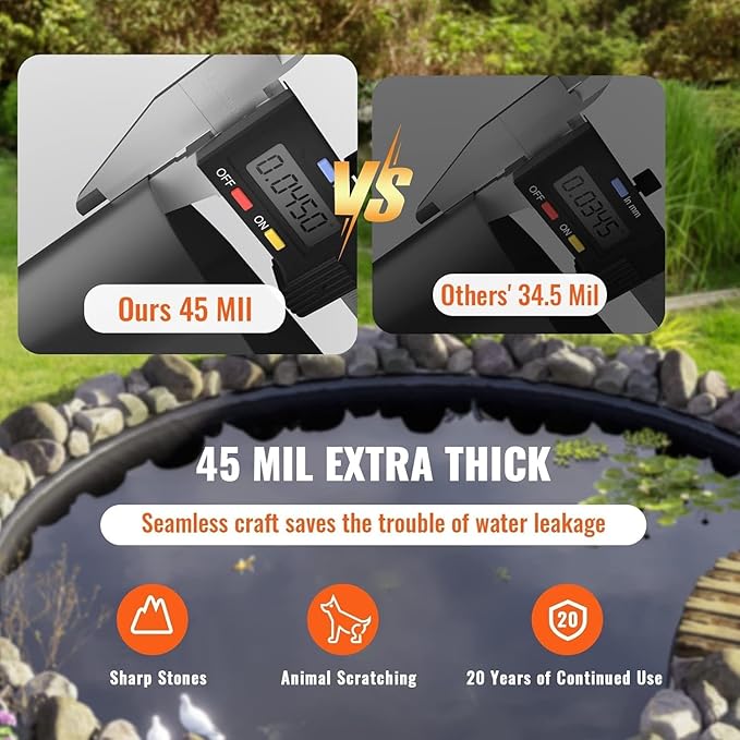 10x15 Ft Pond Liner, 45 Mil Thickness, Pliable & Durable Epdm Material, Easy Cutting & Uv Resistant, for Fish or Koi, Features, Waterfall Base, Fountains and Water Gardens