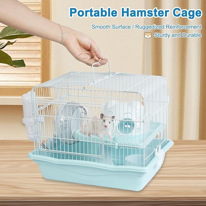 1 PCS Dwarf Hamster Cage Portable, 2-Tier Small Animal Habitat Travel Hamster Cages with Exercise Wheel, Water Bottle, Food Dish for Dwarf Hamsters, Mice, Gerbils (Grey/Blue/Pink, Random Delivery)