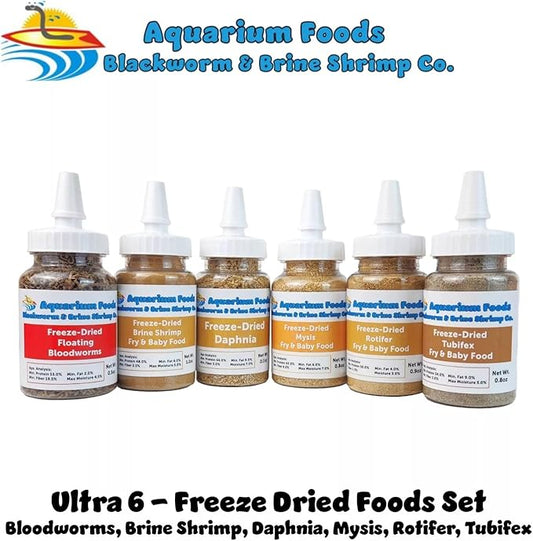 Aquatic Foods Inc. 6-Pack of Bloodworms, Brine Shrimp, Daphnia, Mysis Shrimp, Rotifers, Tubifex Powder & Bits for Freshwater Fish, Marines, Corals, Anemones, Baby Pond Fish…6 x SM Squeeze Bottles