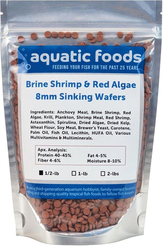 Aquatic Foods Inc. 8mm - 1/3" Brine Shrimp & Red Algae Color Enhancing Sinking Wafers for Shrimp, Snails, Crabs, Plecos, Catfish. Bottom and All Tropical Fish...WL…1/2-lb Foil Pouch Bag