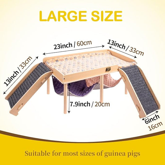 Enlarged Guinea Pig Hammock with Platform and Stairs,Wooden Foldable Piggies Hideout for Guinea Pigs Bunny Ferret Hamster Hiding Sleeping Activities 24L x 12W x 11H in(Double)