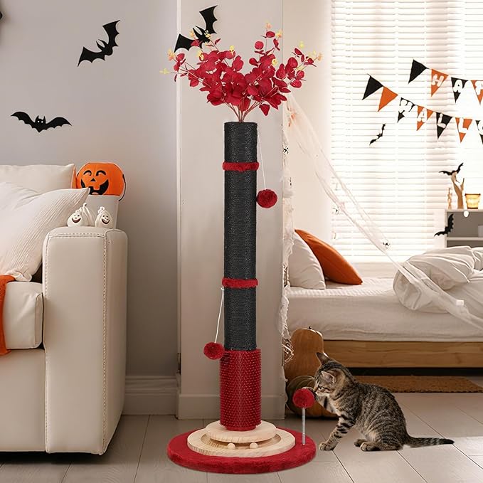 Halloween Cat Scratching Post,45'' Tall Gothic Cat Scratcher Activity Cat Play Center Tree Tower Furniture with Interactive Wood Ball Toy for Indoor Large Cat Adults