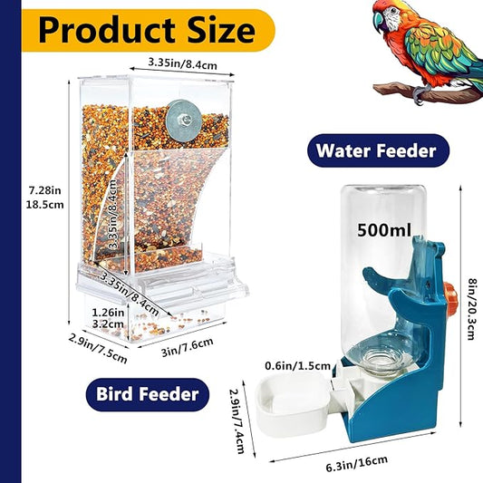 VERTUPET No Mess Bird Feeders with Water Dispenser Automatic Transparent Acrylic Food Container Drinker for Cage Automatic Parrot Feeder Seed Container Cage Accessories (Blue)