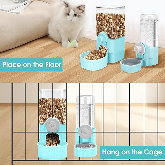 Yummy Sam Hanging Cage Automatic Small Pet Food Bowl Water Bottle Dispenser, Detachable Auto Gravity 1.2L Self-Feeding Feeder and 0.52L Waterer Set Kennel Feeding Station for Puppy Cats(Sky Blue)