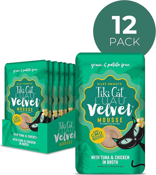 Tiki Pets Tiki Cat Velvet Mousse Grain-Free Wet Food with a Silky-Smooth Texture for Adult Cats & Kittens, 2.8oz, 12pk, Tuna & Chicken, 48005