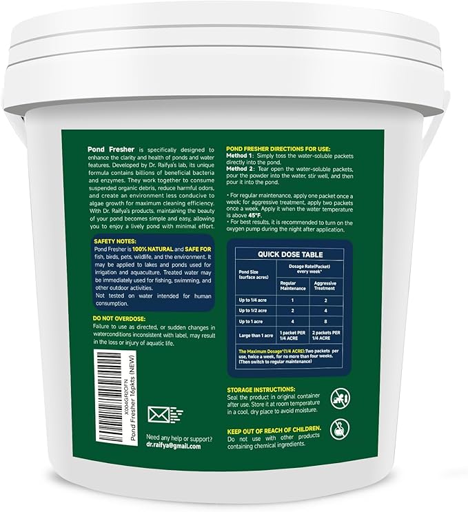 Dr. Raifya's Pond Fresher - 16 Packets - Pond Water Treatment for Outdoor Areas, Long-Lasting Clean Water & Odor with Beneficial Bacteria, Easy to Use, Fish, Pets & Plants Safe