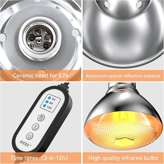 Reptile Light Fixture,7inch Deep Dome Reptile Light Fixture with 3/6/12 Timer,Infrared Reptile Heat Lamp Max 150W Blub, for Turtle Bearded Dragon Lizards Snake, 1PCS 150W Bulb Included