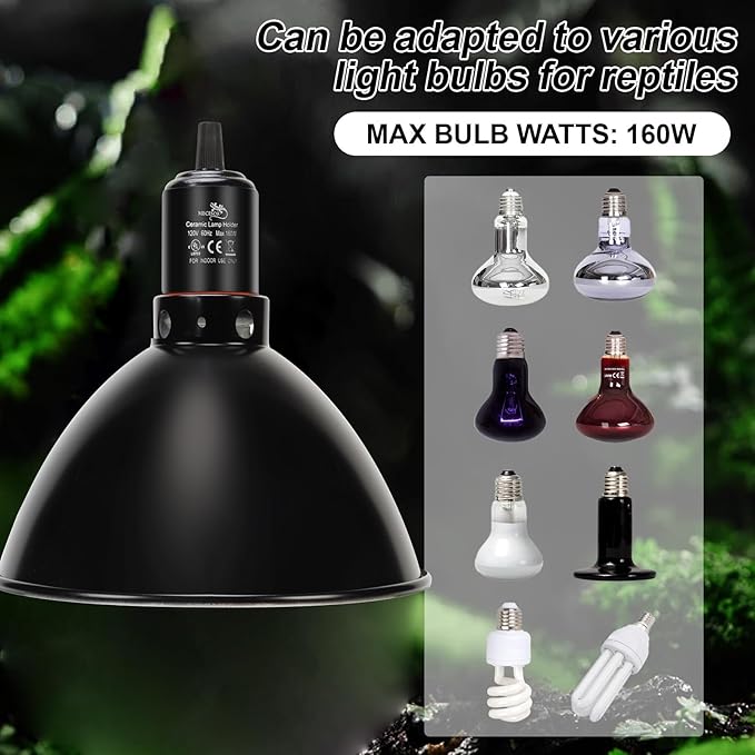 Reptile Light Fixture with Dimming Switch and Timer, 8.5 Inch Deep Dome Reptile Heat Lamp Fixture, Reptile Lamp Fixture Cap for UVB Bulb Basking Heat Bulb for Reptile Glass Terrariums, 2PCS