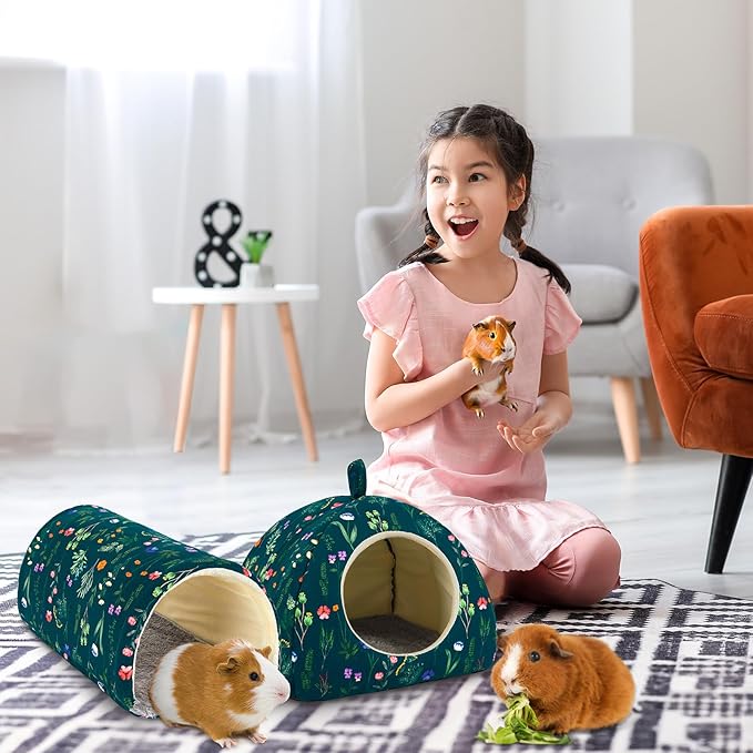 Bienbee Guinea Pig Hideout, Washable Rabbit Bed with Guinea Pig Tunnel, 2 Pack Guinea Pigs Toys Set Bunny Hideout Cage Accessories for Hamster Ferret Rabbits Bunny,Dark Green Flower Branches