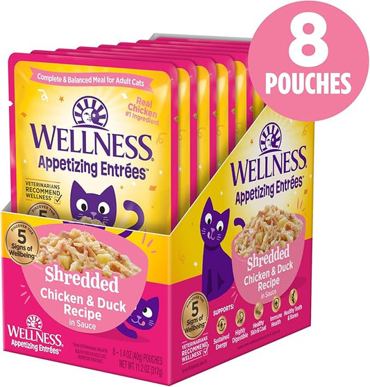 Wellness Appetizing Entrées Shredded Adult Wet Cat Food, Natural, Protein-Rich, Grain Free, 1.4 Ounce Pouch, 8 Pack (Chicken & Duck Recipe)