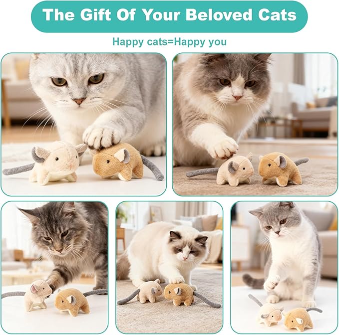 Plush Catnip Mice Toys with Crinkle Sound - 2 Pcs Interactive Cat Toys for Indoor Cats, Durable Stress Relief Eco-Friendly Small Mouse Chew Playthings(Camel+ Chestnut Color)
