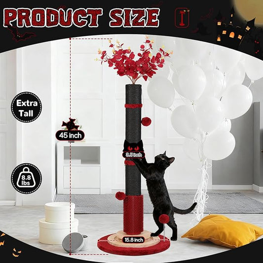 Halloween Cat Scratching Post,45'' Tall Gothic Cat Scratcher Activity Cat Play Center Tree Tower Furniture with Interactive Wood Ball Toy for Indoor Large Cat Adults