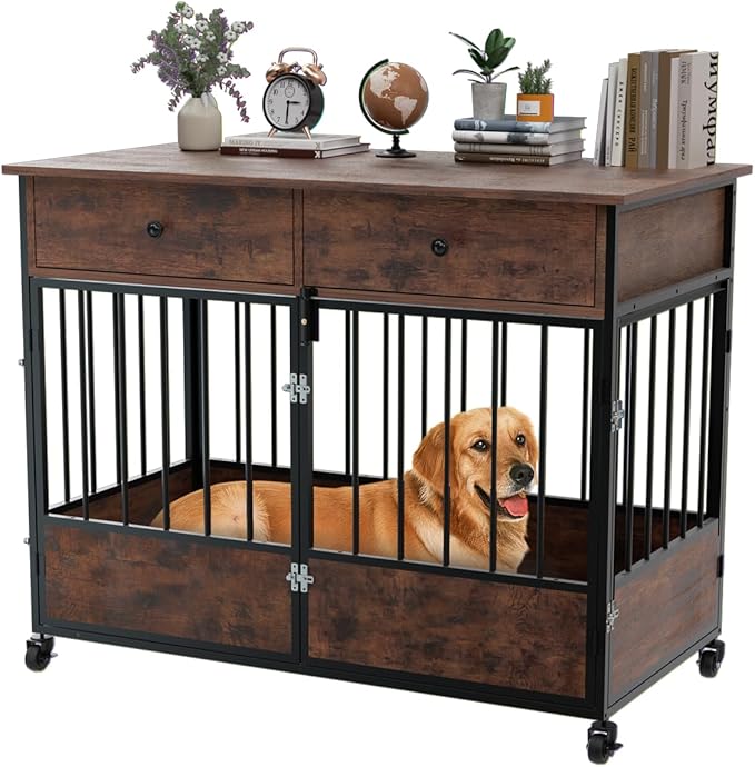 44.5" Dog Crate Furniture for Dogs with Storage Drawers, Indoor Dog Kennel with Wheels, Multi-Door Wooden Crates for Dogs Indoor as End Table with Lockable Casters, Pet Crate with Top Shelf
