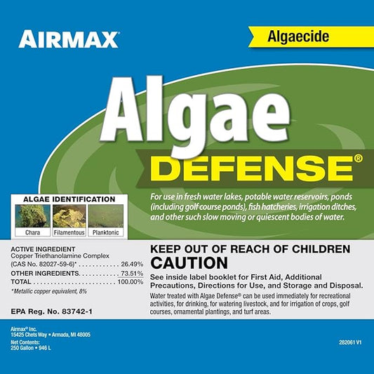 Airmax Algae Defense, EPA Registered Algaecide Pond & Lake Water Treatment, Floating Moss, Green Slime Scum & Chara Killer for Large Ponds & Lakes, Outdoor Liquid Spray Copper Based Solution, 1 Gallon