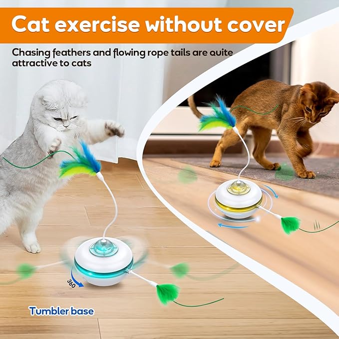 Interactive Cat Toys for Indoor Cats Exercise Toys Spin Feather Wand Tumbler Base, Touch Activate Mode Peek-A-Boo Felt Cover Toy Rechargeable