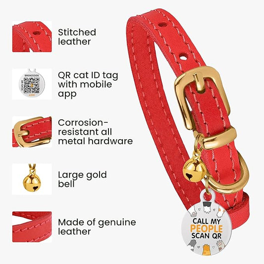BRONZEDOG Leather Cat Collar with Removable Bells Non Breakaway Kitten QR Tag for Girl Boy (9" - 12" Cats/Mini Dogs, Red & Gold)