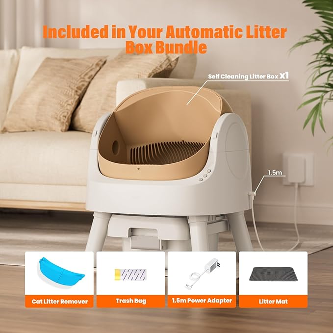 Automatic Litter Box, Self Cleaning Litter Box with Open Top Design, Integrated Safety Protection, Included Mat and Liner, Brown