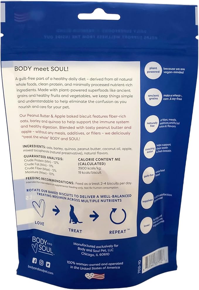 Body and Soul Peanut Butter + Apple Dog Treats – Baked Superfood Biscuits with Oats, Barley & Quinoa –All-Natural, No Fillers – Crunchy Daily Dog Treats, Made in USA, 10oz