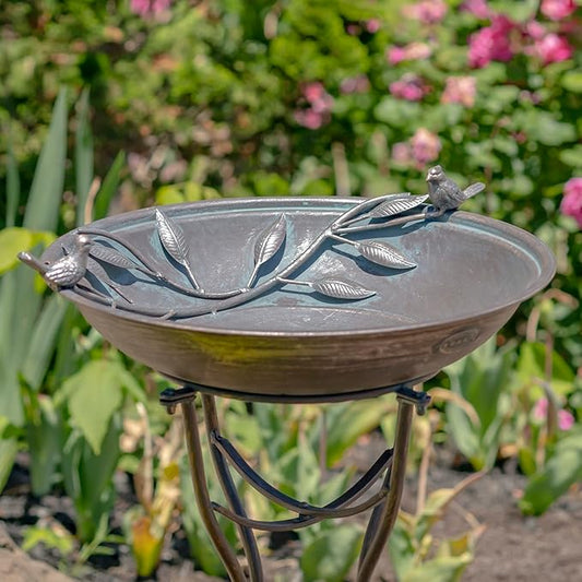 Zaer Ltd. Deep Well Made Metal Birdbath with 2 Cast Iron Birds and Leaf Decoration (Bronze)