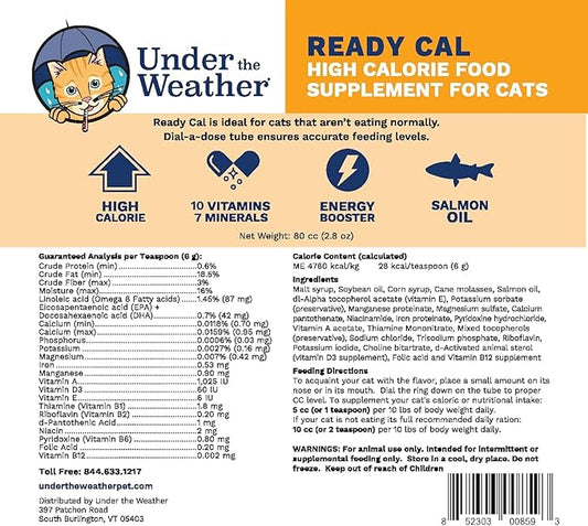 Under The Weather Pet | Ready Cal for Cats 100cc | High Calorie Supplement | Cat Weight Gainer and High Calorie Booster | 10 Vitamins, 7 Minerals & Omega Fatty Acids (2 Pack)