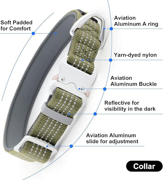 Plutus Pet Reflective Dog Collar with Aviation Aluminum Buckle, Neoprene Padded for Comfort, Lightweight, Heavy Duty Nylon Collar for Puppy Small Medium Large Dogs (Ranger Green, M)