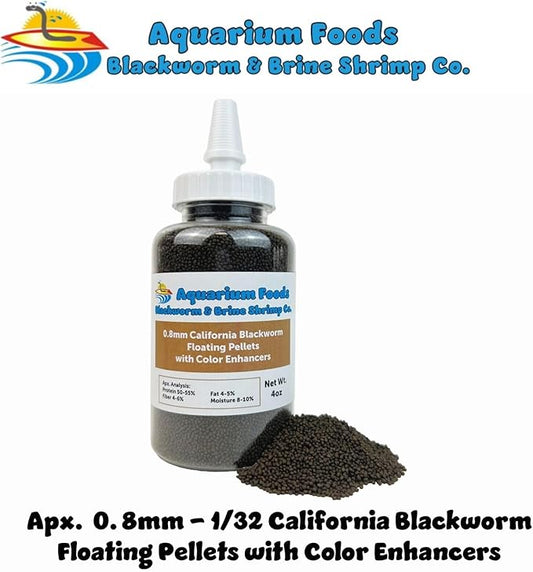 Aquatic Foods Inc. 0.8mm Micro California Blackworm Floating Pellets w/Color Enhancers & Vitamins for Guppies, Tetras, Bettas, Nano Fish, All Baby Fish…4oz Squeeze Bottle