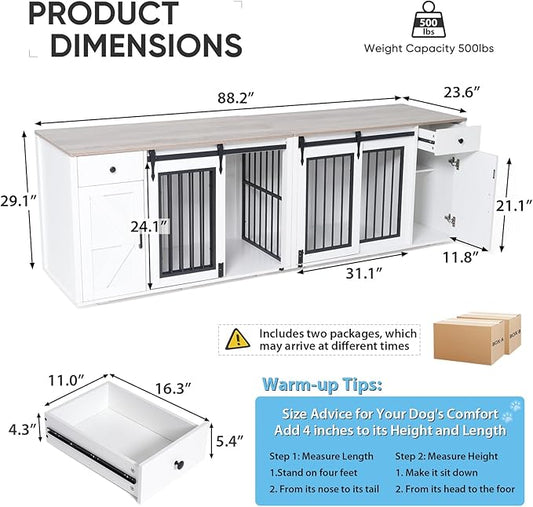 Verano Garden 88" Large Dog Crate, 2-in-1 Furniture-Style Dog Crate with Storage Drawer & Cabinet, Heavy Duty Dog Kennel Dog Cage Indoor for Small Medium Large Dogs, White (88.2")
