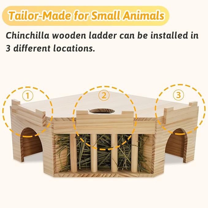 Fhiny Guinea Pig Wooden Castle with Hay Holder, Ventilated Chinchilla Hideout with Feeding Bowl Ladder, Small Animal Multi Chamber Hideaway for Young Guinea Pigs Chinchillas Hedgehogs