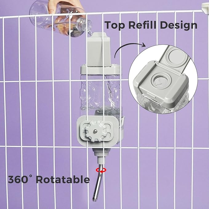 Vannon Small Animal Water Dispenser for Cage, 25oz Auto Feeding Crate Water Bottle for Rabbit, Chinchilla, Ferret, Guinea Pig, Squirrel, Hedgehog, Pet Nozzle Diameter: 10mm, BPA Free, Grey